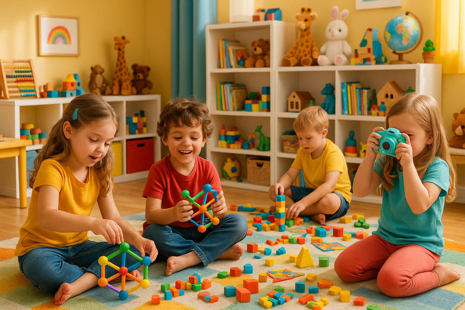 une chambre lumineuse et colorée pour enfants, décorée avec gout, avec tapis au sol et étagères remplies de jouets éducatifs. plusieurs enfants ( 4 à 8 ans ) jouent joyeusement: d'autres construisent avec des jeux de construction 3D et un autre prend des photos avec un appareil photo pour enfants. la piece est remplie de jouet éducatifs (puzzle, cubes, peluches, livres, figurines). l'ambiance est chaleureuse, ludique et créative, style réaliste et lumineux avec des couleurs vives
