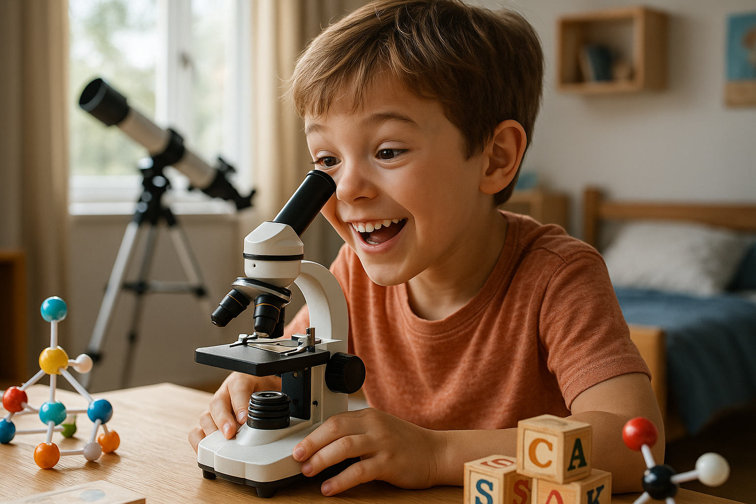 une enfant heureuse et joyeuse d'âge 8 ans qui joue avec son microscope dans sa chambre , en arrière plan un télescope en direction d'une fenêtre